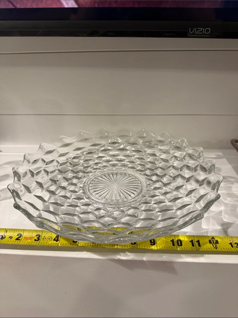 Vintage Clear Pressed Glass Serving Bowl with Diamond Pattern